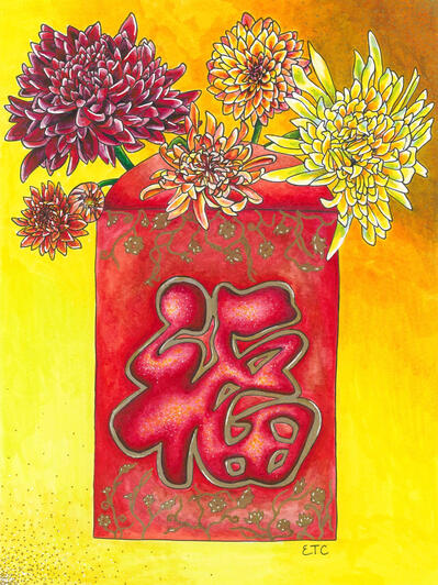 Red Envelope and Chrysanthemums